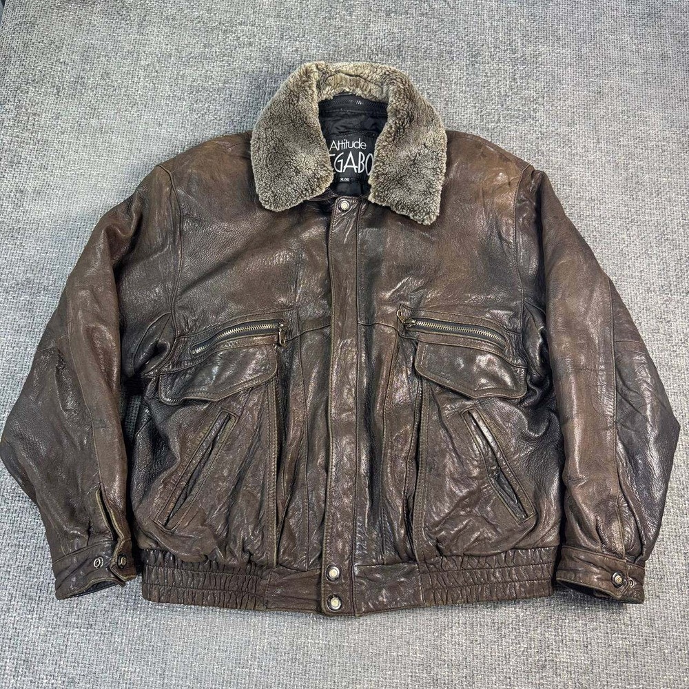 Attitude Pegabo Leather Bomber Jacket Unisex XL Brown Distressed Faux Fur Collar